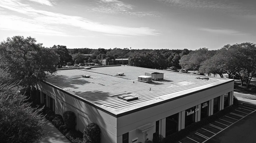 A commercial roof on a bank in a location similar to Charleston with a black and white photography aesthetic (AI image)