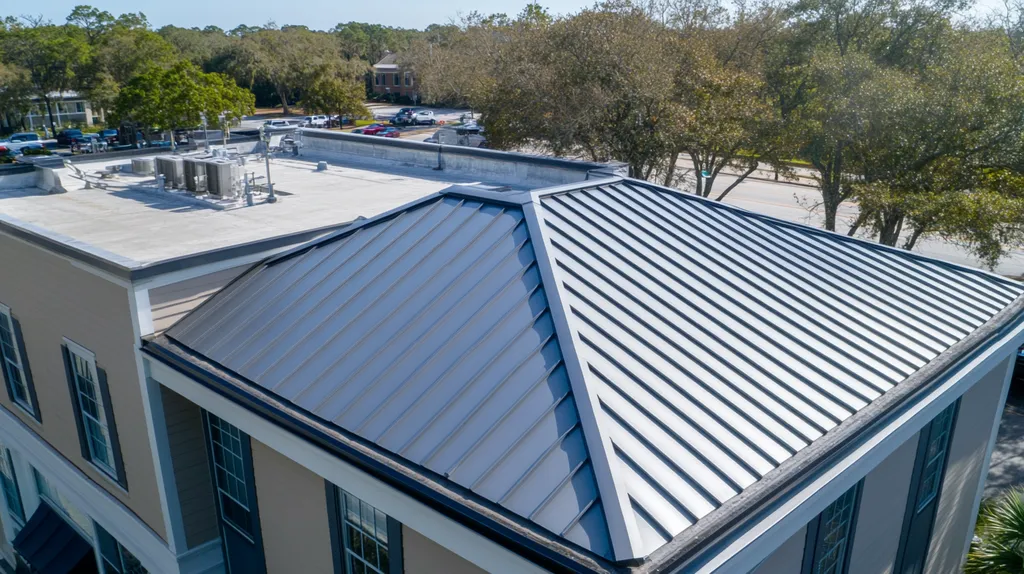 A commercial roof on a bank in a location similar to Charleston with a stainless steel aesthetic (AI image)