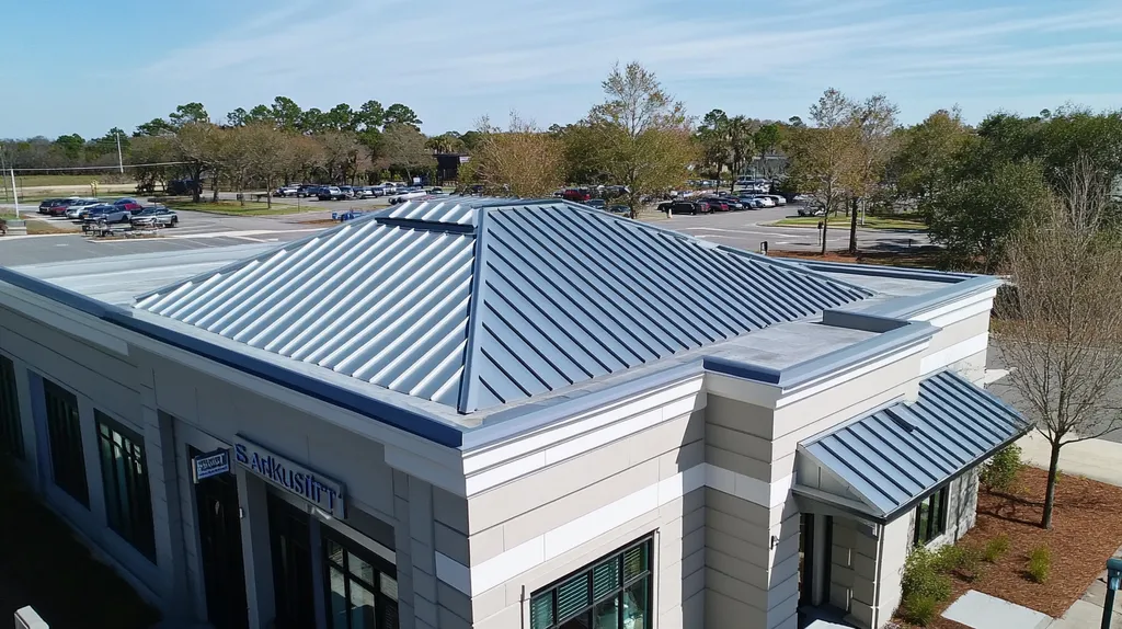 A commercial roof on a bank in a location similar to Charleston with a stainless steel aesthetic (AI image)