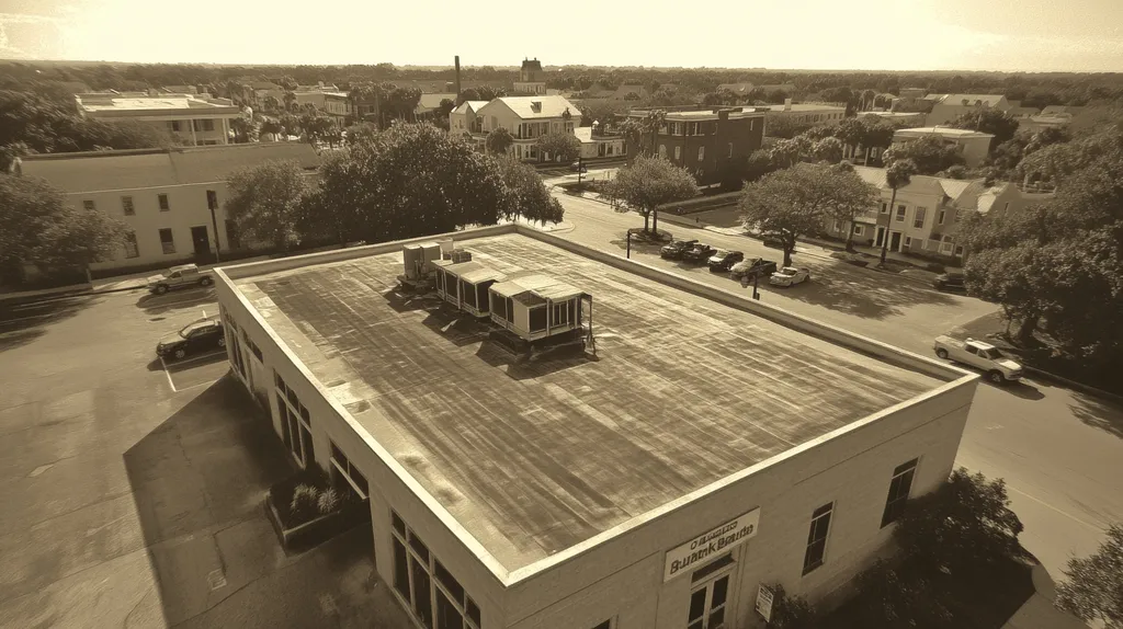 A commercial roof on a bank in a location similar to Charleston with a tintype aesthetic (AI image)