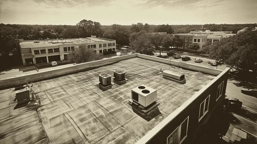 A commercial roof on a bank in a location similar to Charleston with a tintype aesthetic (AI image)