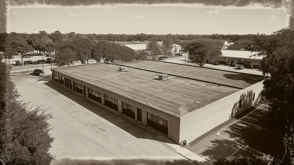 A commercial roof on a bank in a location similar to Charleston with a tintype aesthetic (AI image)