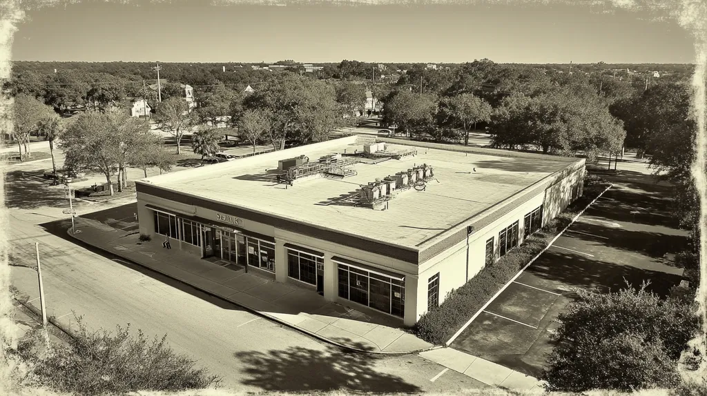 A commercial roof on a bank in a location similar to Charleston with a tintype aesthetic (AI image)