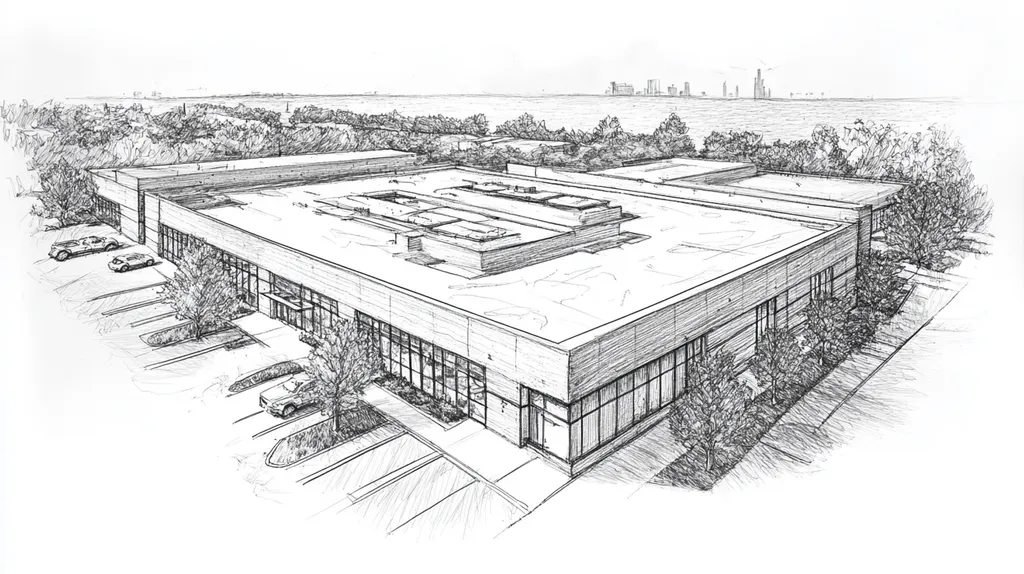 A commercial roof on a bank in a location similar to Chicago with a charcoal sketch aesthetic (AI image)