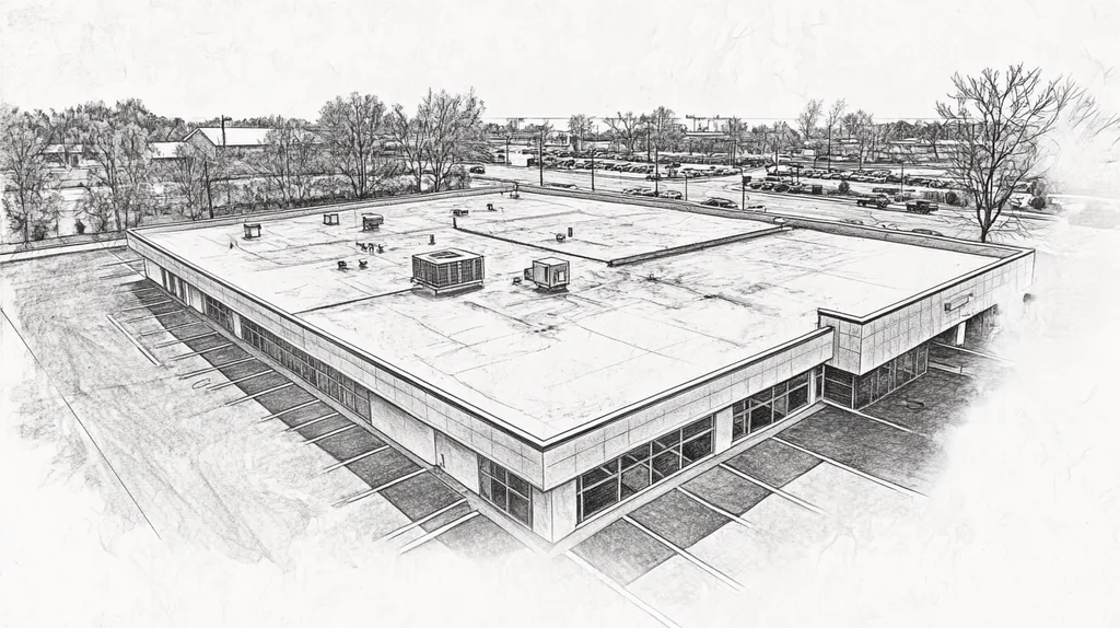 A commercial roof on a bank in a location similar to Chicago with a charcoal sketch aesthetic (AI image)