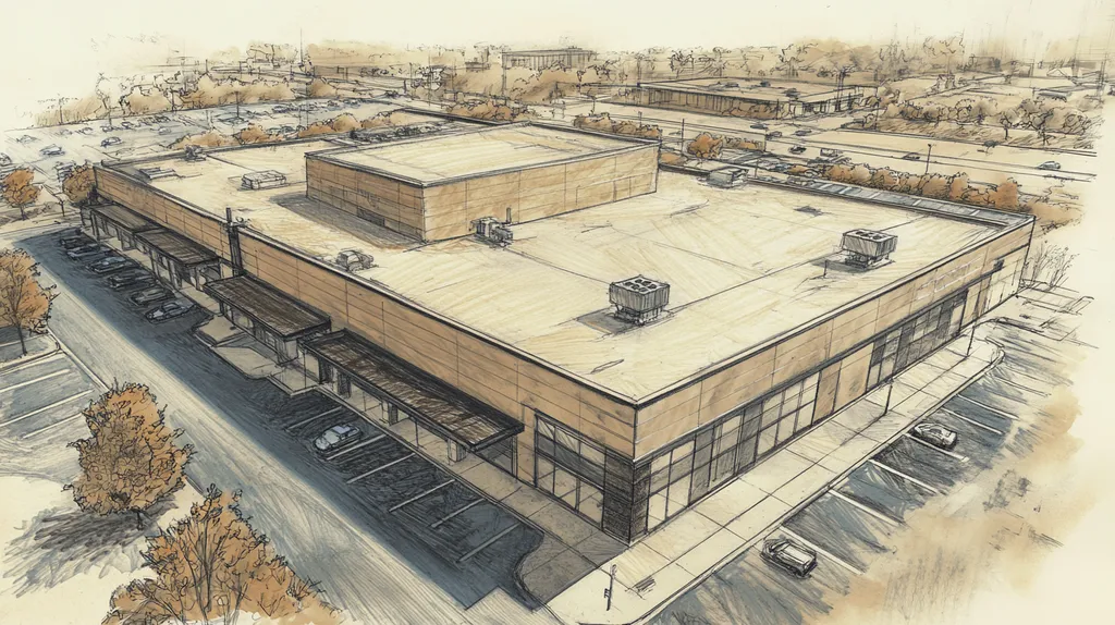 A commercial roof on a bank in a location similar to Chicago with a charcoal sketch aesthetic (AI image)