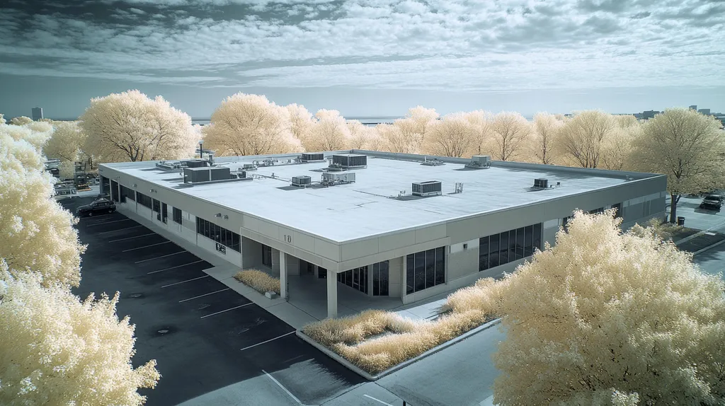 A commercial roof on a bank in a location similar to Chicago with an infrared photography style aesthetic (AI image)