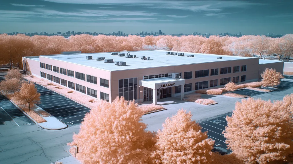 A commercial roof on a bank in a location similar to Chicago with an infrared photography aesthetic (AI image)