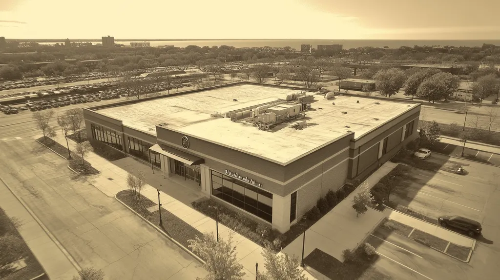 A commercial roof on a bank in a location similar to Chicago with a tintype aesthetic (AI image)