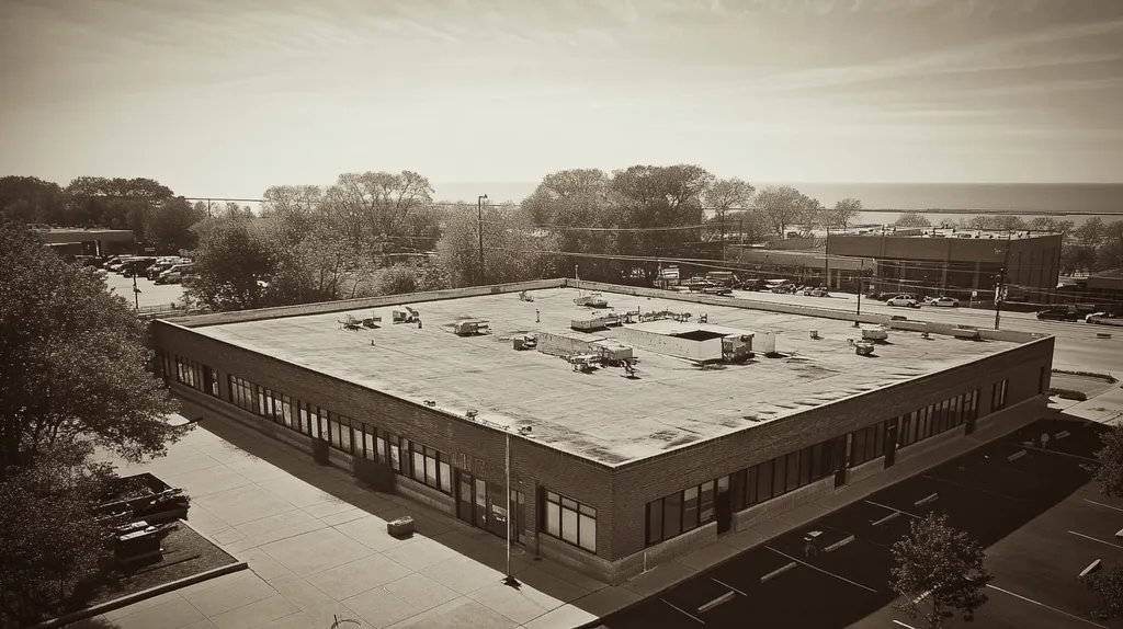 A commercial roof on a bank in a location similar to Chicago with a tintype aesthetic (AI image)