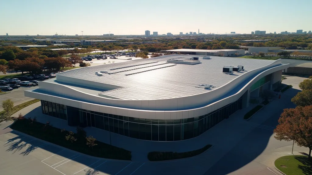 A commercial roof on a bank in a location similar to Dallas with a futuristic aesthetic (AI image)