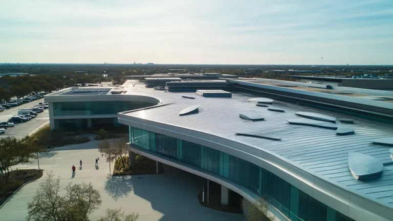 A commercial roof on a bank in a location similar to Dallas with a futuristic aesthetic (AI image)