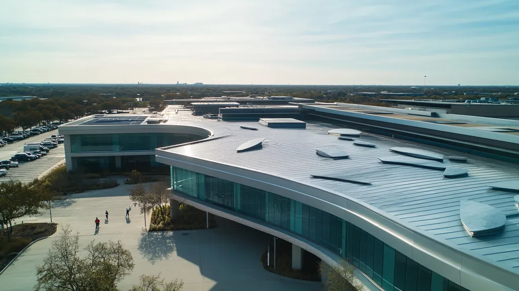 A commercial roof on a bank in a location similar to Dallas with a futuristic aesthetic (AI image)