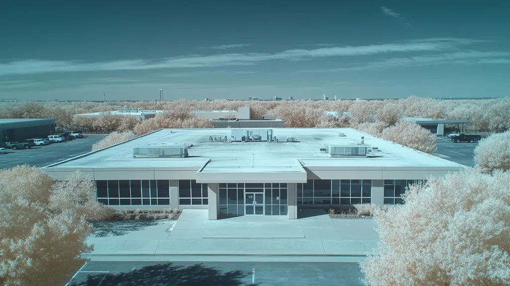 A commercial roof on a bank in a location similar to Dallas with an infrared photography style aesthetic (AI image)