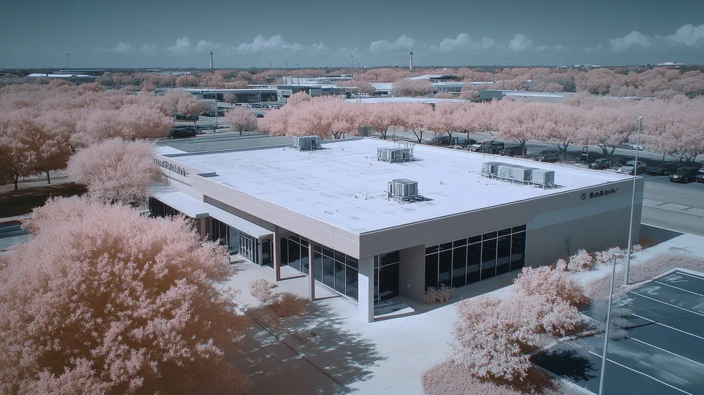 A commercial roof on a bank in a location similar to Dallas with an infrared photography aesthetic (AI image)