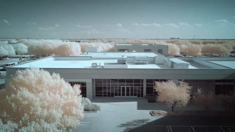 A commercial roof on a bank in a location similar to Dallas with an infrared photography aesthetic (AI image)