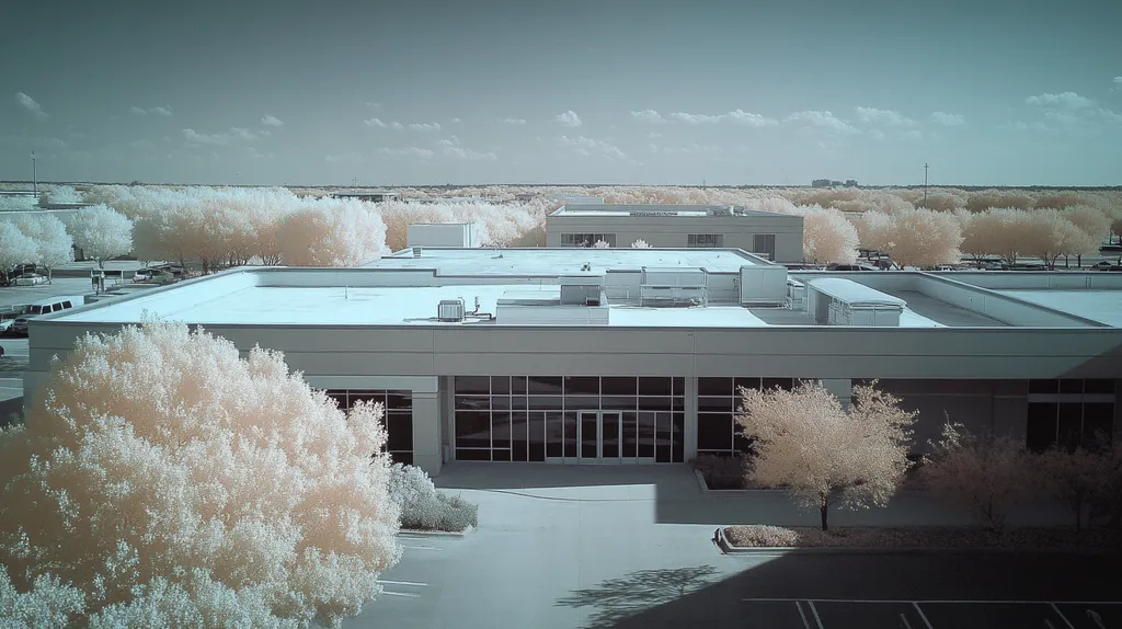 A commercial roof on a bank in a location similar to Dallas with an infrared photography aesthetic (AI image)