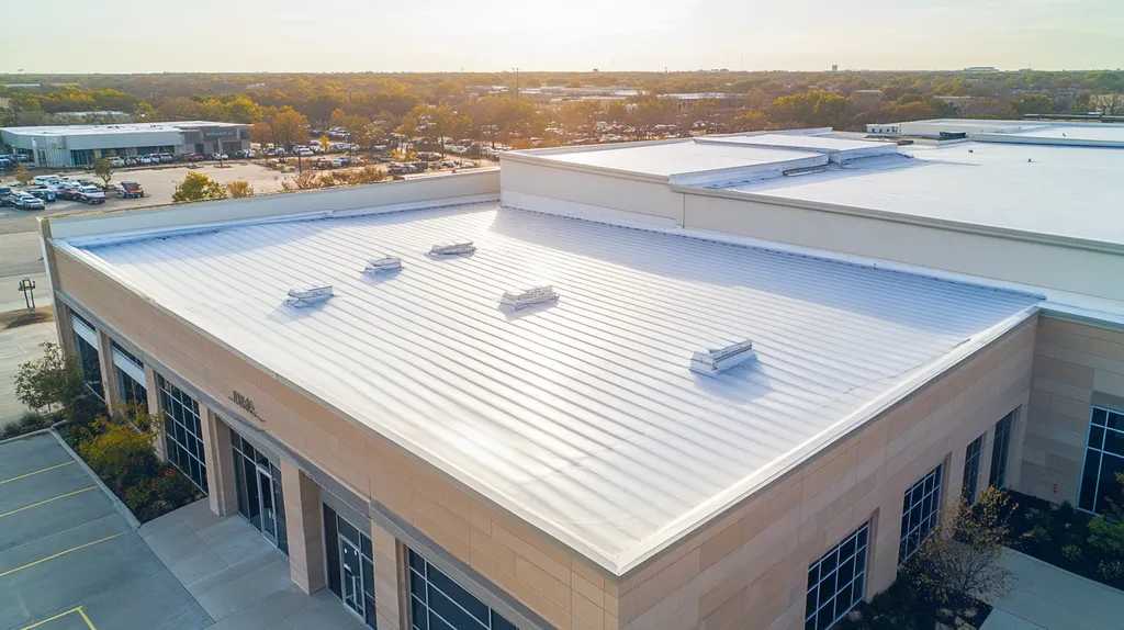 A commercial roof on a bank in a location similar to Dallas with a light beams aesthetic (AI image)