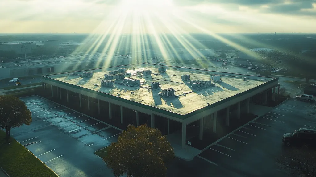 A commercial roof on a bank in a location similar to Dallas with a light beams aesthetic (AI image)