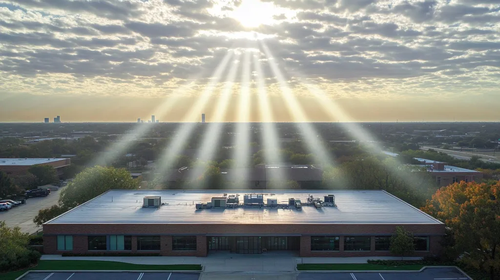 A commercial roof on a bank in a location similar to Dallas with a light beams aesthetic (AI image)