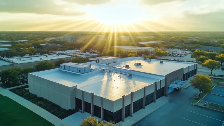 A commercial roof on a bank in a location similar to Dallas with a light beams aesthetic (AI image)