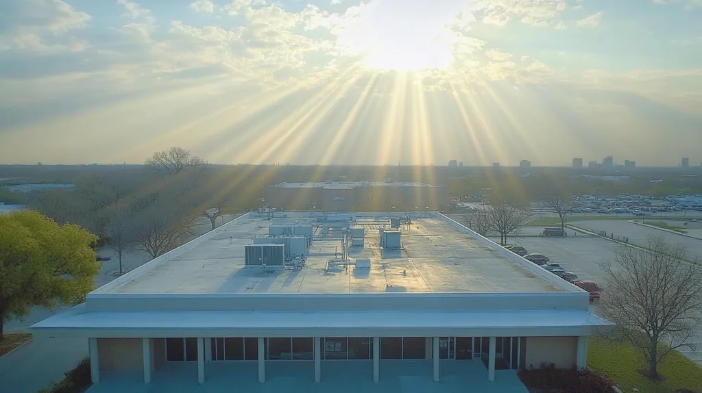 A commercial roof on a bank in a location similar to Dallas with a light beams aesthetic (AI image)