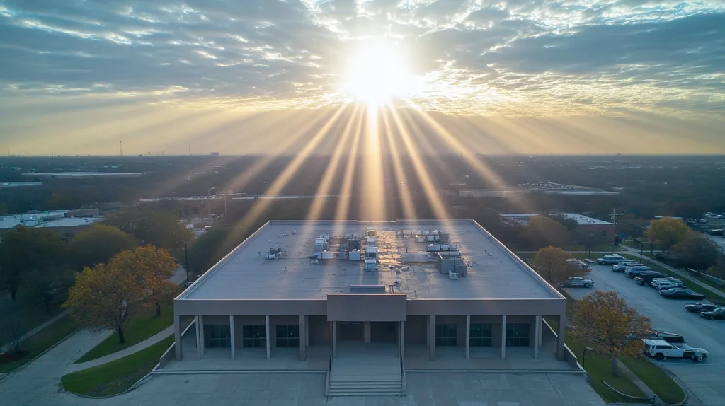 A commercial roof on a bank in a location similar to Dallas with a light beams aesthetic (AI image)