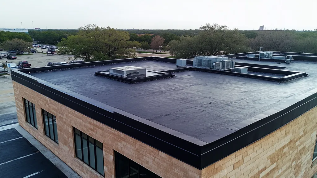 A commercial roof on a bank in a location similar to Dallas with a rainy day aesthetic (AI image)