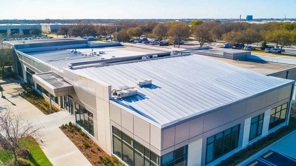 A commercial roof on a bank in a location similar to Dallas with a stainless steel aesthetic (AI image)