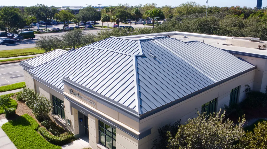 A commercial roof on a bank in a location similar to Tampa with a stainless steel aesthetic (AI image)