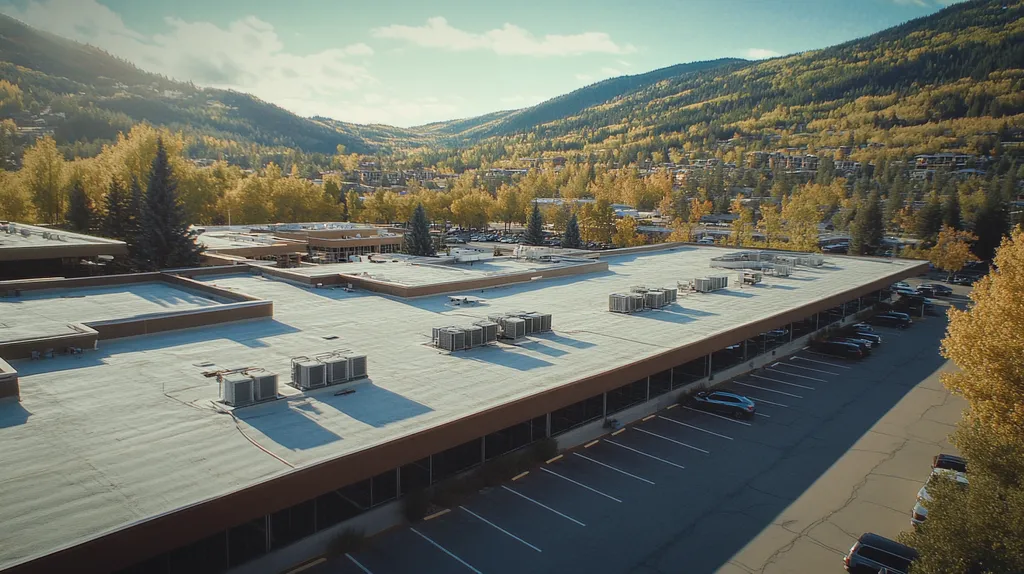 A commercial roof on a call center in a location similar to Aspen with a Polaroid aesthetic (AI image)