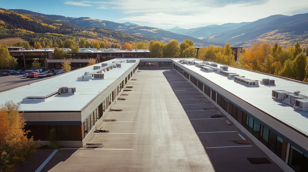 A commercial roof on a call center in a location similar to Aspen with a Polaroid aesthetic (AI image)