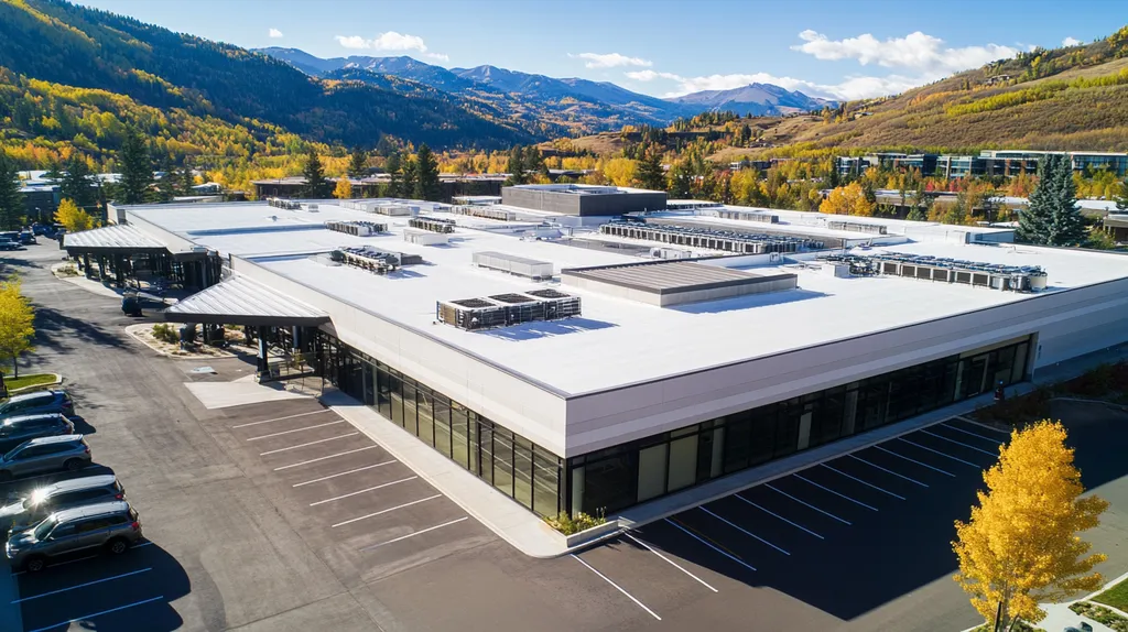 A commercial roof on a call center in a location similar to Aspen with an architectural photography aesthetic (AI image)