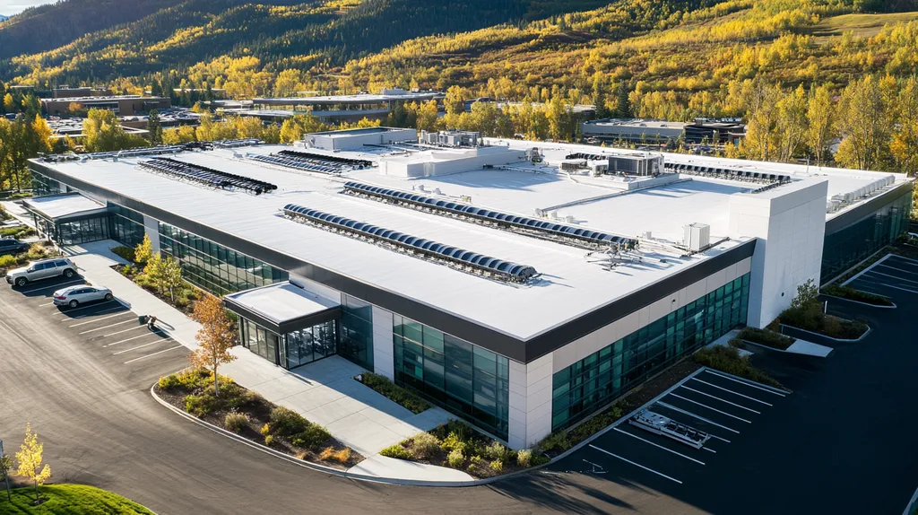 A commercial roof on a call center in a location similar to Aspen with an architectural photography aesthetic (AI image)