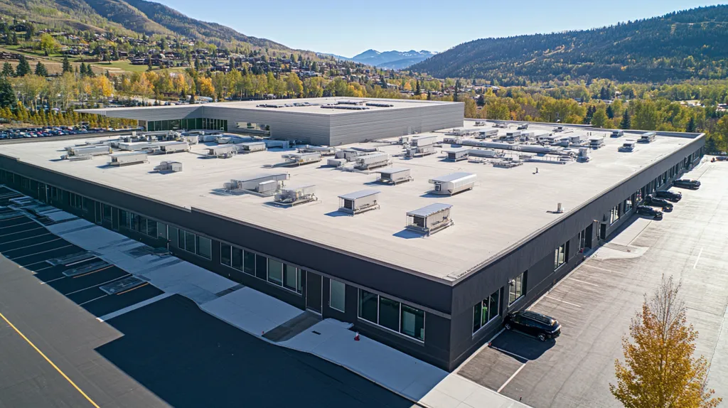 A commercial roof on a call center in a location similar to Aspen with an architectural photography aesthetic (AI image)
