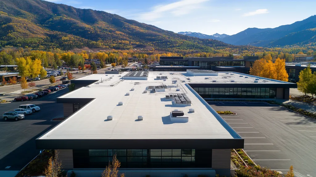 A commercial roof on a call center in a location similar to Aspen with an architectural photography aesthetic (AI image)