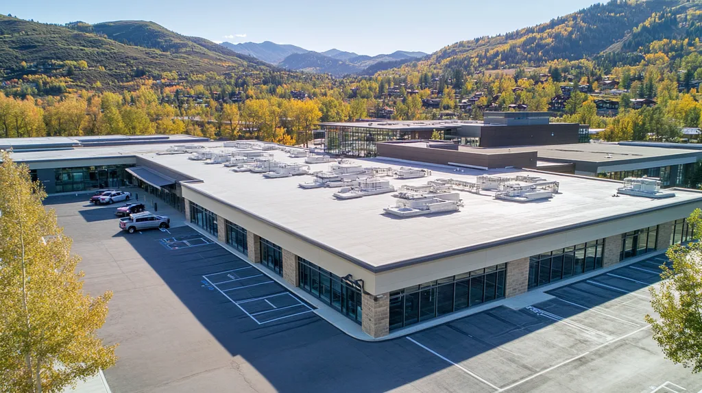 A commercial roof on a call center in a location similar to Aspen with an architectural photography aesthetic (AI image)
