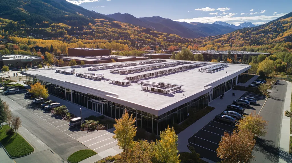 A commercial roof on a call center in a location similar to Aspen with an architectural photography aesthetic (AI image)
