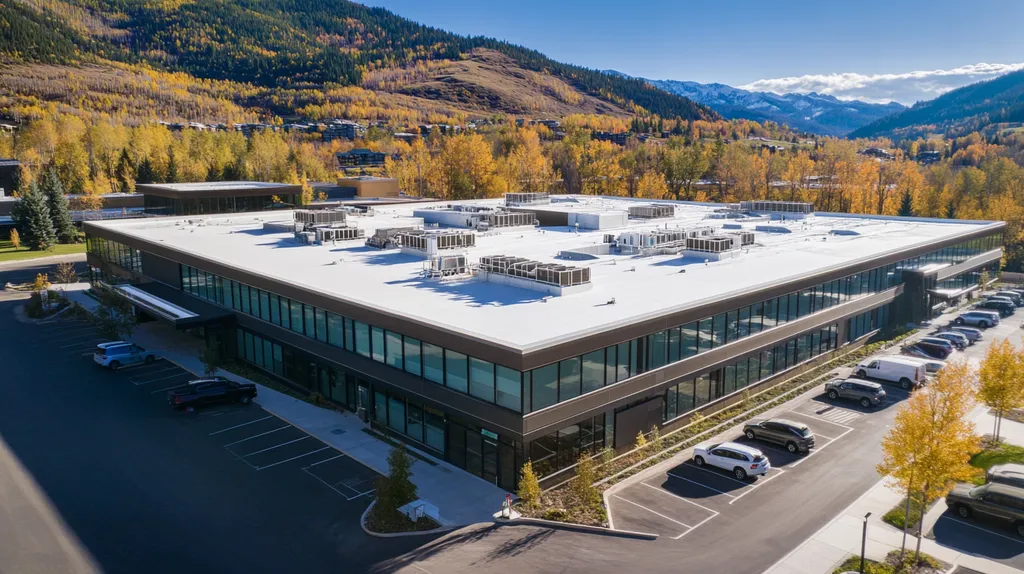 A commercial roof on a call center in a location similar to Aspen with an architectural photography aesthetic (AI image)