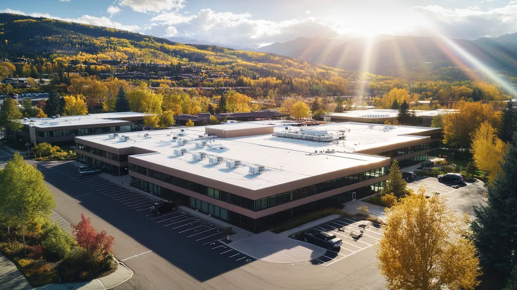 A commercial roof on a call center in a location similar to Aspen with a light beams aesthetic (AI image)