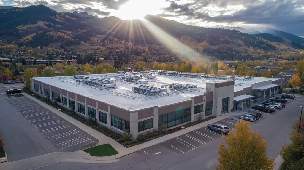 A commercial roof on a call center in a location similar to Aspen with a light beams aesthetic (AI image)
