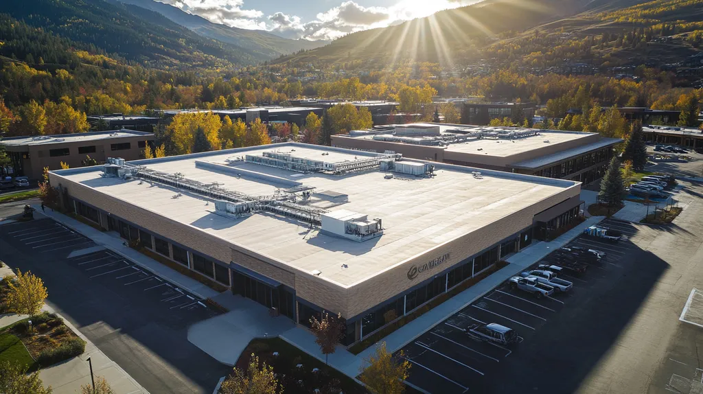 A commercial roof on a call center in a location similar to Aspen with a light beams aesthetic (AI image)
