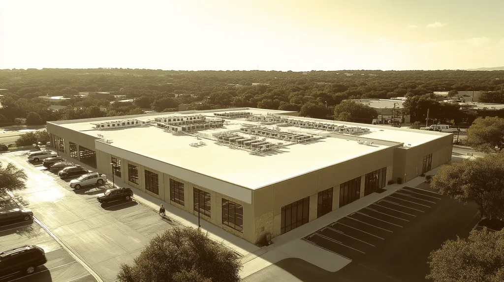 A commercial roof on a call center in a location similar to Austin with an architectural sketch rendering aesthetic (AI image)