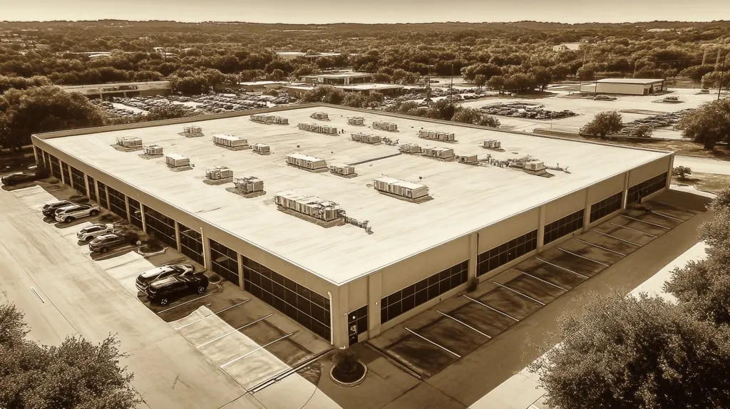 A commercial roof on a call center in a location similar to Austin with an architectural sketch rendering aesthetic (AI image)