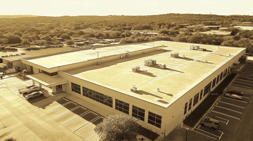 A commercial roof on a call center in a location similar to Austin with an architectural sketch rendering aesthetic (AI image)