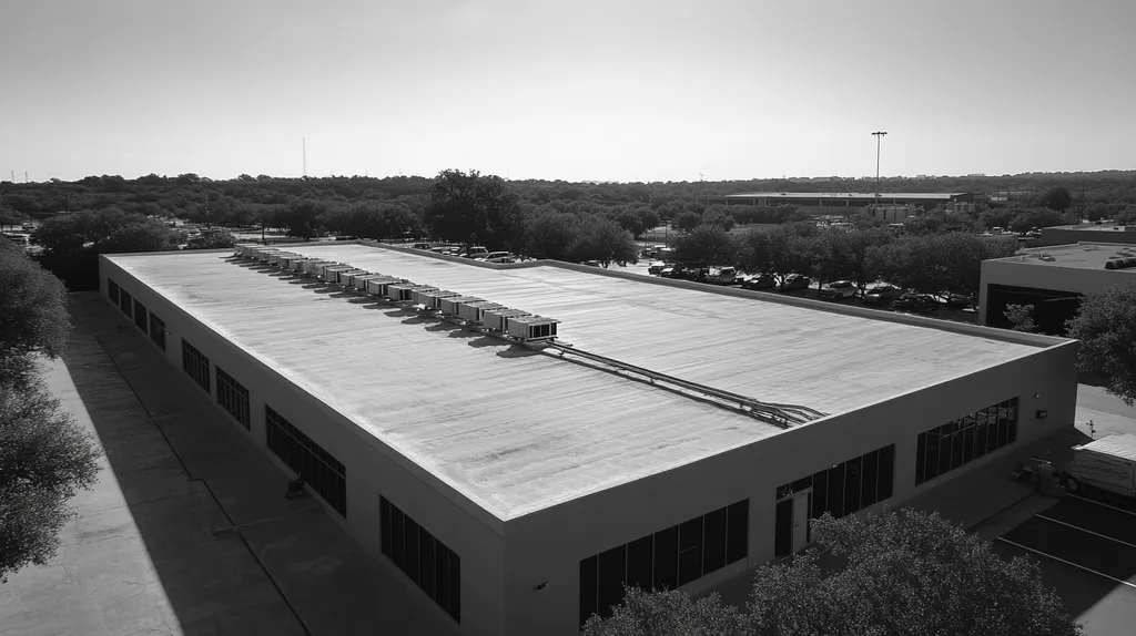 A commercial roof on a call center in a location similar to Austin with a black and white photography aesthetic (AI image)
