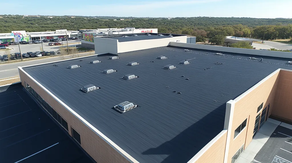 A commercial roof on a call center in a location similar to Austin with a color highlight aesthetic (AI image)