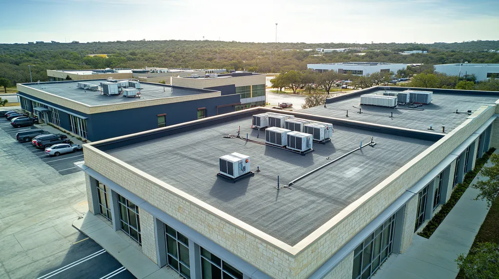 A commercial roof on a call center in a location similar to Austin with a cross-processed look aesthetic (AI image)