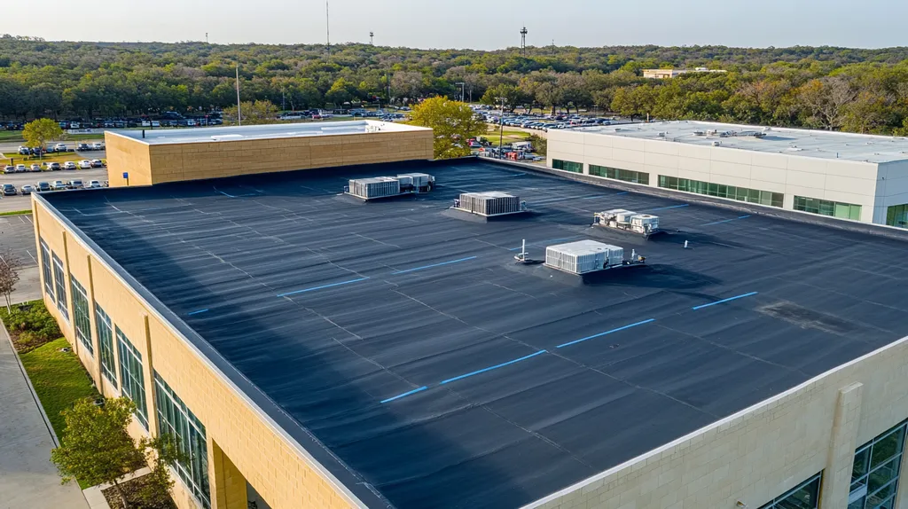 A commercial roof on a call center in a location similar to Austin with a cross processed look aesthetic (AI image)