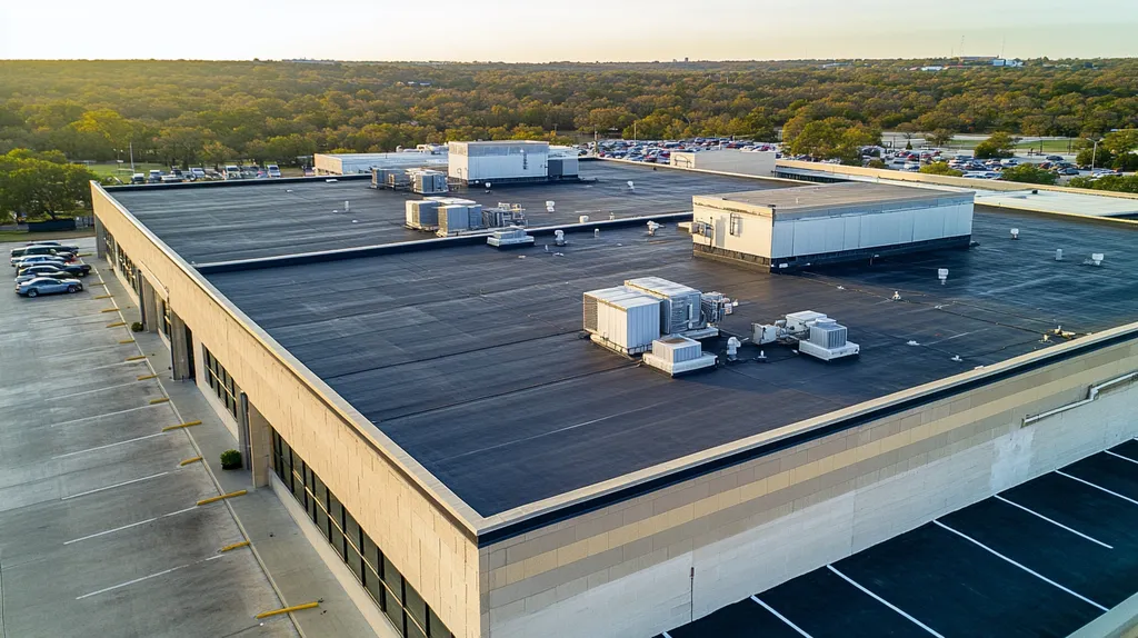 A commercial roof on a call center in a location similar to Austin with a cross-processed look aesthetic (AI image)